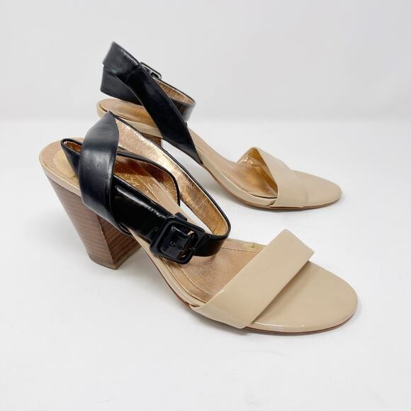 BCBGeneration Size 7 Sarita Block Heel Ankle Strap Sandal Nude Black Faux Patent - Picture 1 of 11